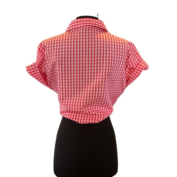 Vintage pink gingham hummingbird embroidered short sleeve button up shirt S M - Picture 4 of 12